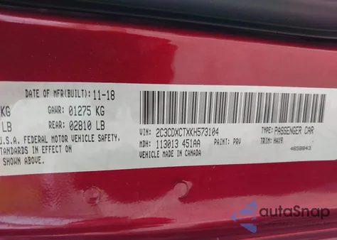 2019 Dodge Charger R/T Rwd из США, поврежденный, VIN 2C3CDXCTXKH573104